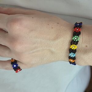 1990s Flower Beaded Bracelet And Ring Vintage Nostalgic Y2k 6.5"